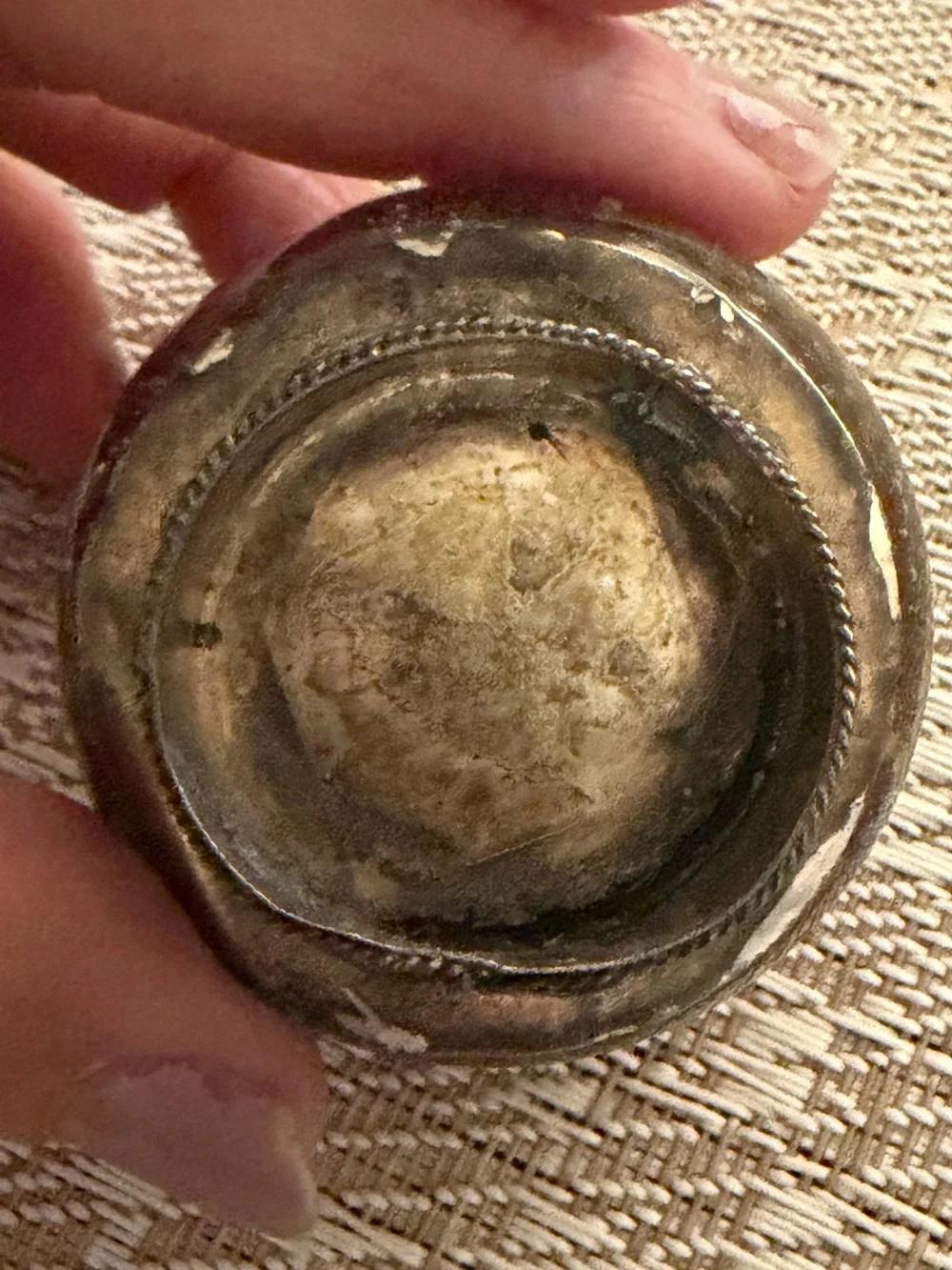 Antique  snuff or pill box snuff jar Red glass silver ornate metal